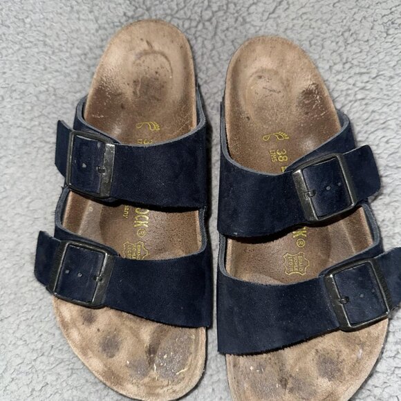 Birkenstock Arizona Shoes Womens Size 7 Navy Suede Sandals Two Strap Cork - Picture 2 of 7